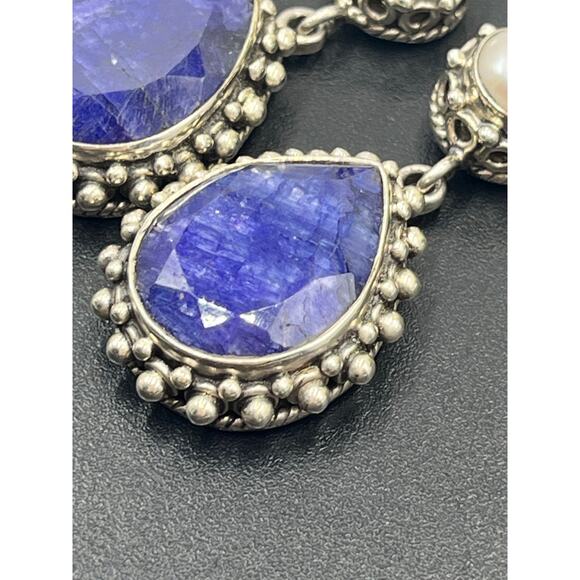 India 925 sterling Faceted Lapis Lazuli White Fresh Water Pearl Cabochon Earring - Picture 13 of 16